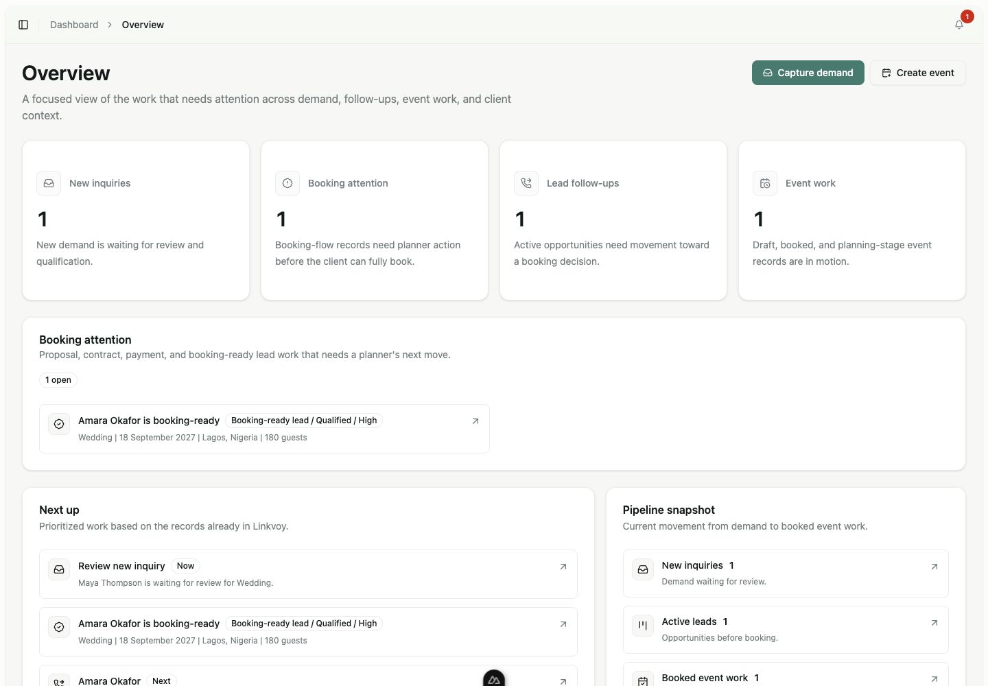 Linkvoy business overview showing new inquiries, booking attention, lead follow-ups, event work, next actions, and a pipeline snapshot.