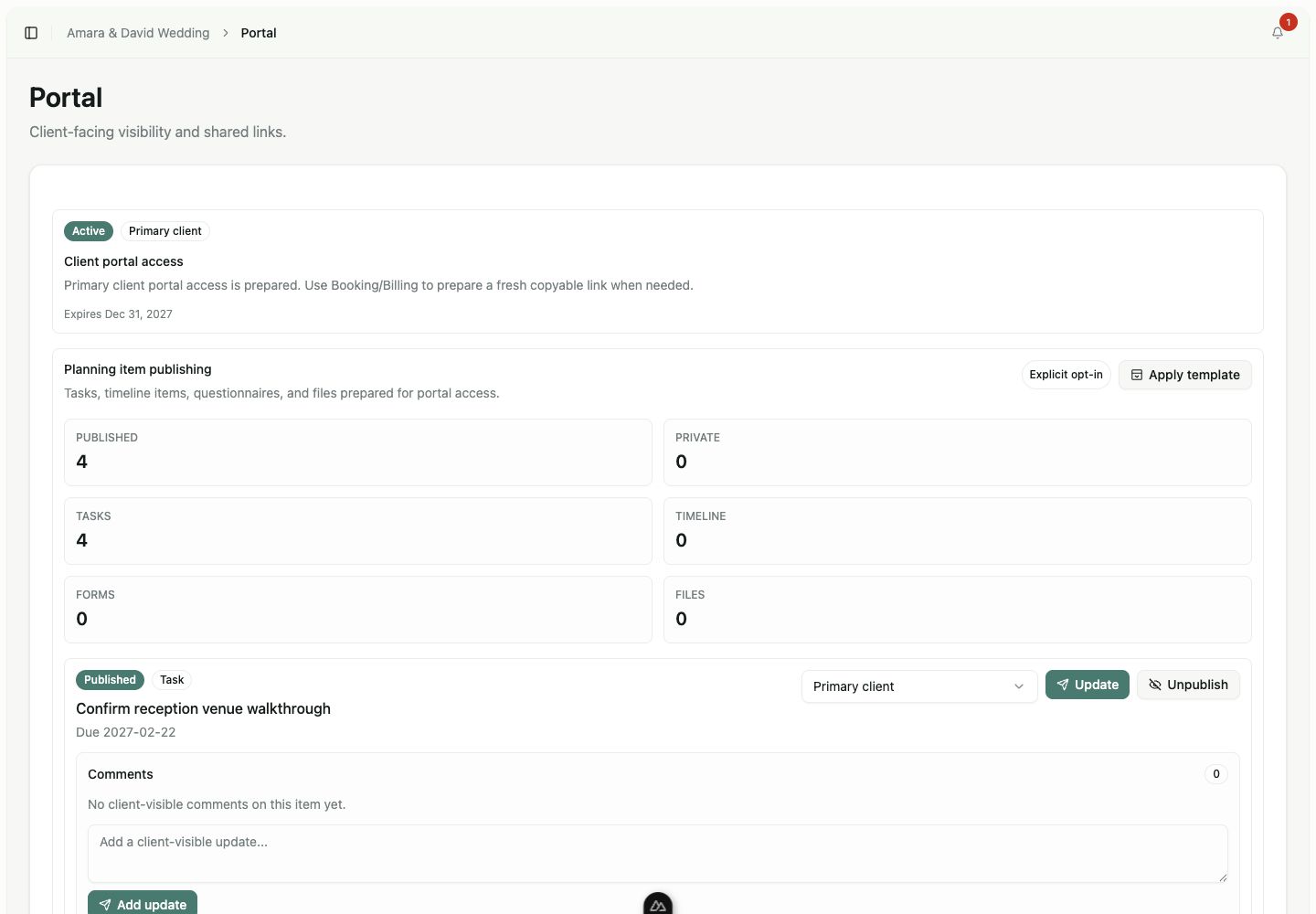 Linkvoy internal portal publishing controls showing active client access, explicit opt-in, published counts, audience selection, comments, and unpublish actions.