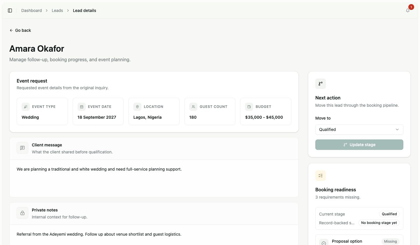 Linkvoy qualified lead record showing contact context, current stage, notes, and booking follow-up.