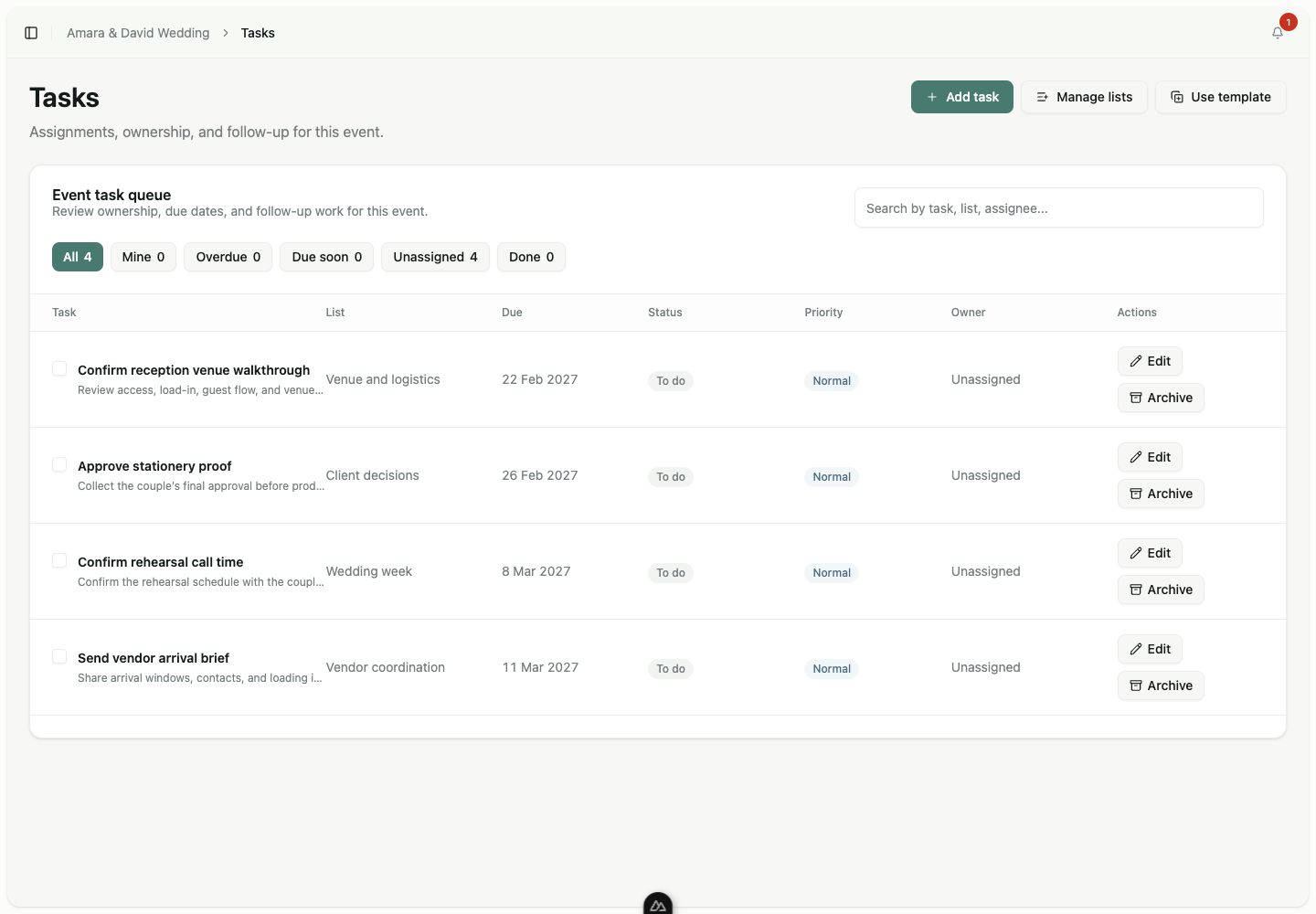 Linkvoy event task queue showing lists, due dates, statuses, owners, filters, and task actions.