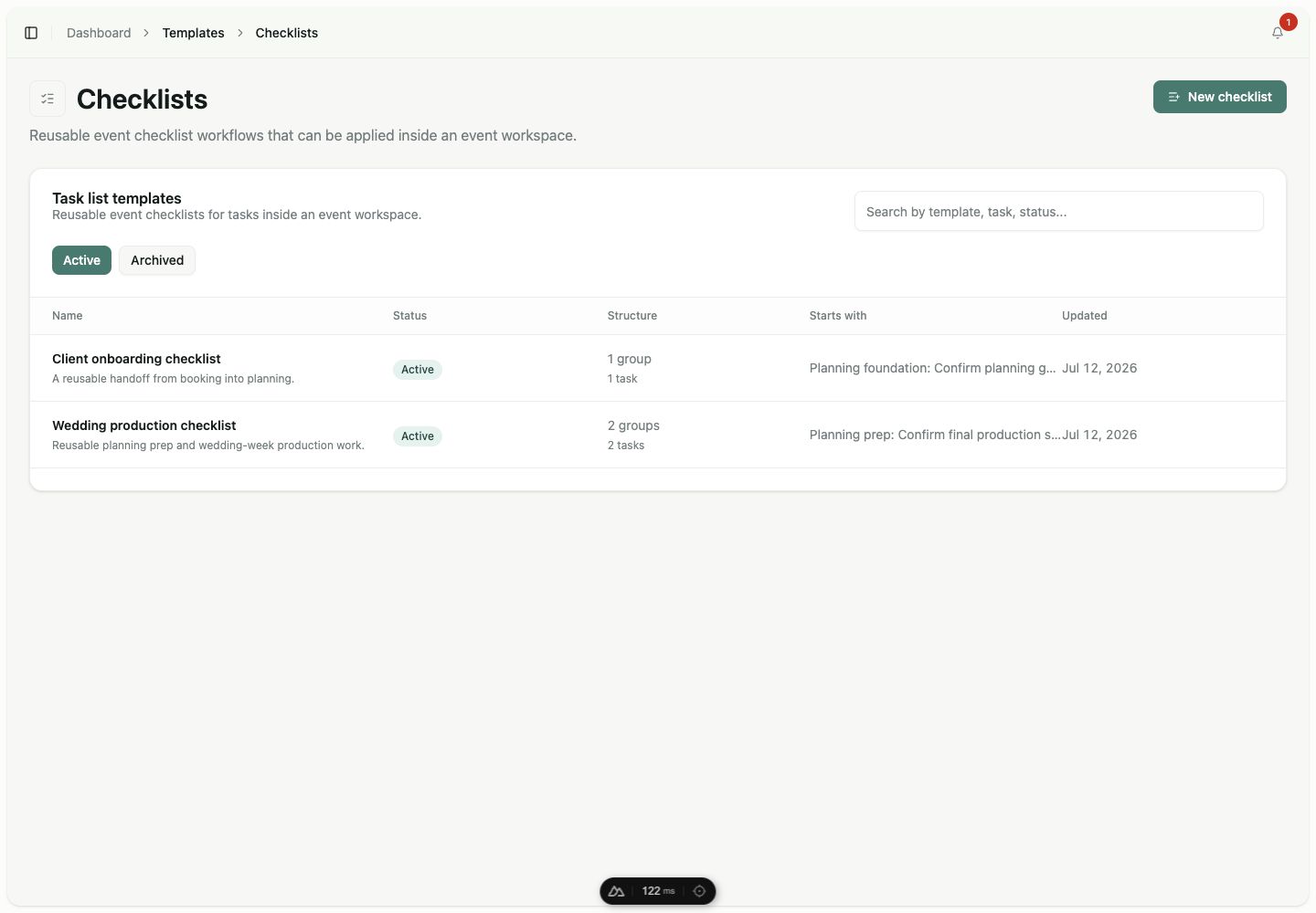 Linkvoy checklist template library showing reusable wedding planning workflows, structure, status, and starting tasks.